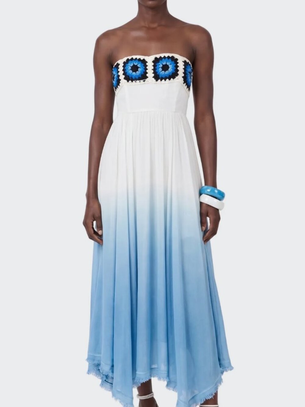 Elexiay Lewa Ombre Granny Square Crochet Strapless Fringe Midi Dress NWT